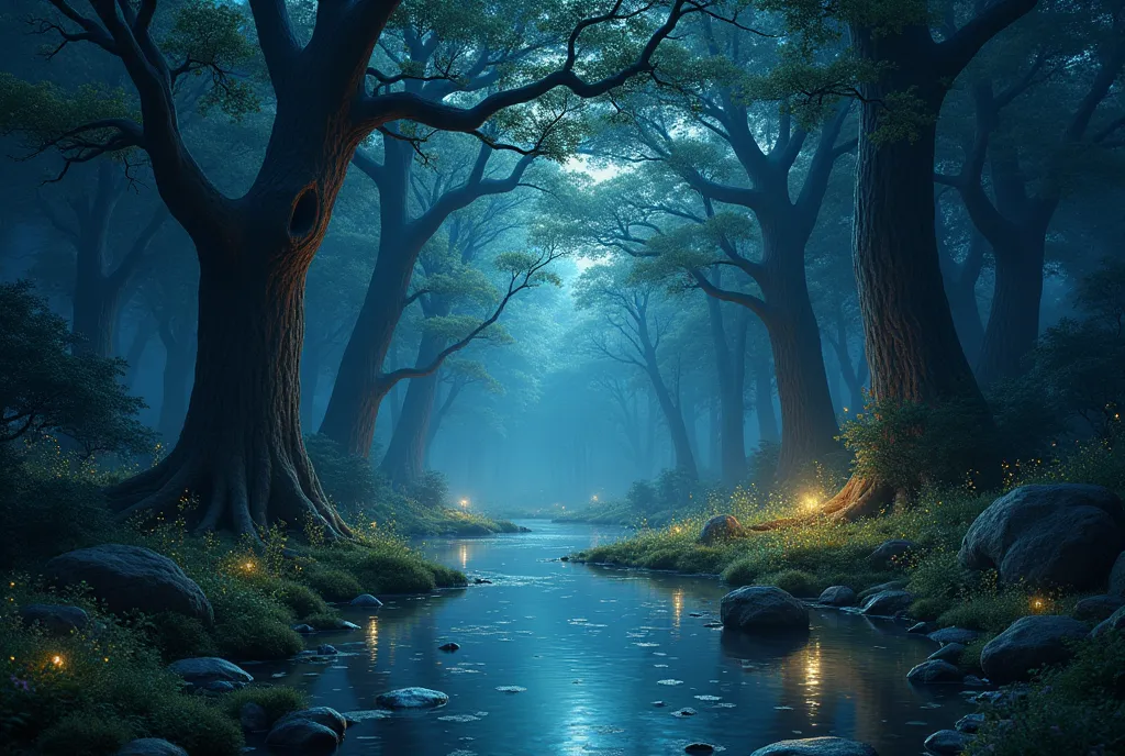 ((masterpiece, highest quality, Highest image quality, High resolution, photorealistic, Raw photo, Extremely detailed CG unified 8k wallpaper)), Dramatic Light, Volumetric Light, A sacred space with a forest at night, a mystical spring, fireflies fluttering in flocks, and a starry sky reflected on the surface of the water,