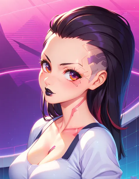 score_9, score_8_up, score_7_up, A beautifully detailed woman, cyberpunk female, long black hair, large eyes, red iris, long eyelashes, detailed facial features, black lipstick, (cyberpunk facial features:1.5), ((Synthwave background))
