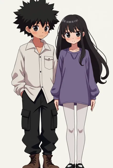 Make a boy with big black hair in a white blouse with black cargo pants next to a girl with long black hair wearing white panties only with a large purple blouse