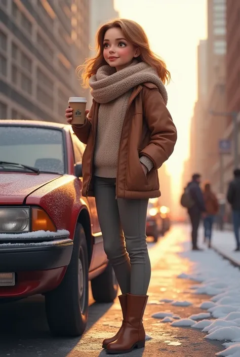 generate a cute city girl light makeup standing next to car with coffee facing left side  mug in winter outfit without cap with background of street with cars and tall buildings behind 