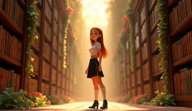 Disney Pixar 3d animated movie character. Real 3d style. Mature. A medium side angle shot of  Lyla (a tall, beautiful, cheerleader type fit figure but casual build, Pretty, clear face visible, long straight ginger hair, blue eyes with pink stylish square g...