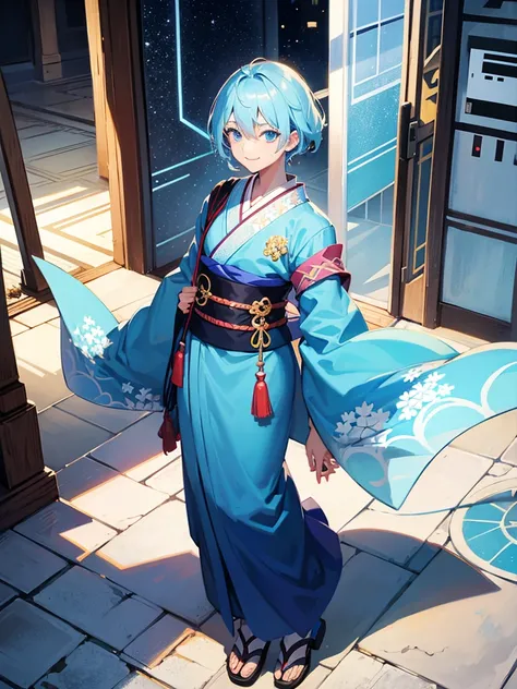 boy, full body,smile, light blue hair, light blue eyes,kimono