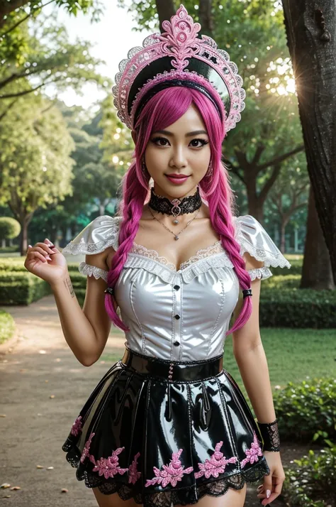 sexy stylish Thai model, only 1 female, long neon pink stylish hair, ((shiny Victorian-Style boots)), beautiful smile, ultra detailed eyes, vivid eye makeup, lipgloss, long lashes, defined eyebrows, ((sexy Paradise Kiss cosplay)), bell-shaped skirt, pettic...