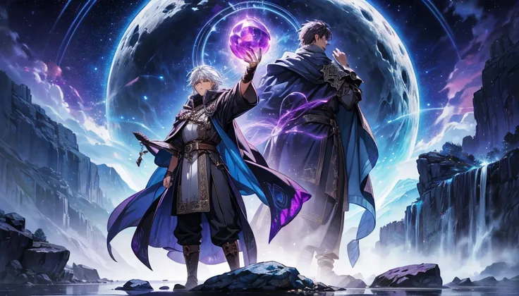  man standing in front of a huge rock wearing a purple cloak, litrpg novel cover , epic  rpg artwork ,  the wizard is thinking about his orb ,  fantasy RPG book illustration ,  infinite crystal rise ,  mysterious wizard casting a spell ,  Odins stone arena...