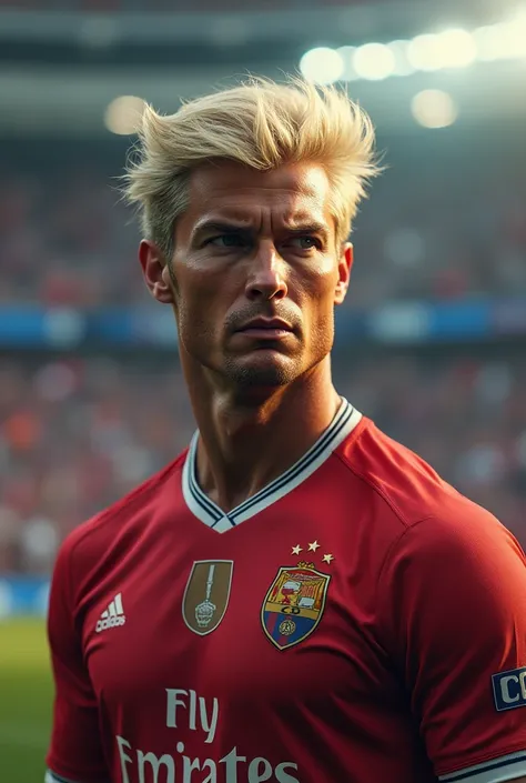 Create a surreal digital portrait of a character that merges features of Cristiano Ronaldo and Donald Trump. Give the character Ronaldos athletic physique, hairstyle, and sportswear, combined with Trumps facial features and confident expression. The settin...