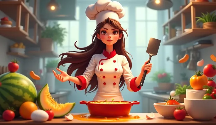  A beautiful 2D chef ,Brown long hair， wearing a white and red chef costume , frontal view, holding a spatula in the kitchen ，The attitude is a bit flustered， makes a mess in the kitchen ， A pot overflowing with soup is placed on the table in front of it， ...