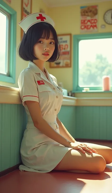 (1girls shot:1.3),(JAPANESE_pretty_12yo:1.5),(short_hair:1.3),Portrait MagMix Girl looking at the camera,A retro ice cream shop with pastel-colored walls, Classic Soda Fountain Counter, Vintage ice cream poster, bathed in warm sunlight, Analog Film Photogr...