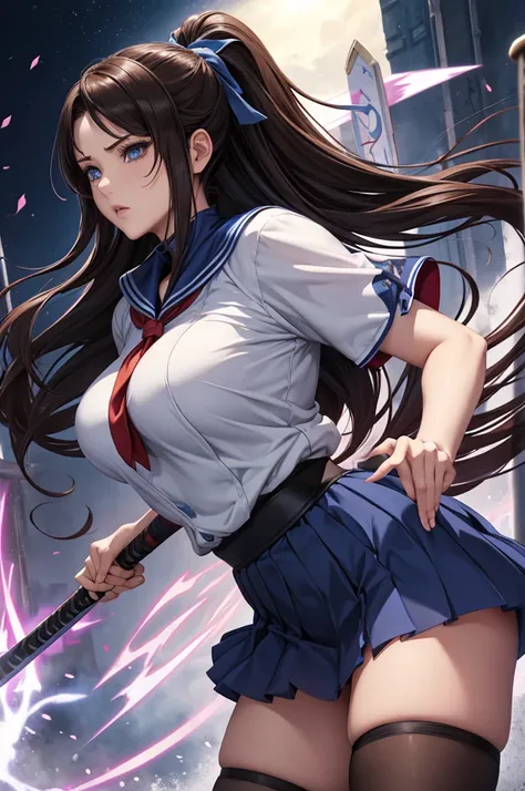 最High image quality, masterpiece, 4K, High image quality,  super high resolution,  of the prairie , CG drawing（ one cool adult seductive woman 、）Hair、Brown Hair、It has a glossy finish.。 Hairstyle、Long Hair、 straight、 high ponytail、（もThe sideburns are、It is...