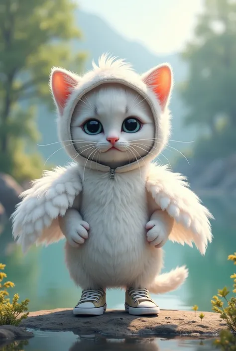 a cute white and gray kitten standing on two legs, round eyes, swan costume, headgear, sneakers, lake scenery, 3D, illustration, (best quality,4k,8k,highres,masterpiece:1.2),ultra-detailed,(realistic,photorealistic,photo-realistic:1.37),cute kitten,white k...