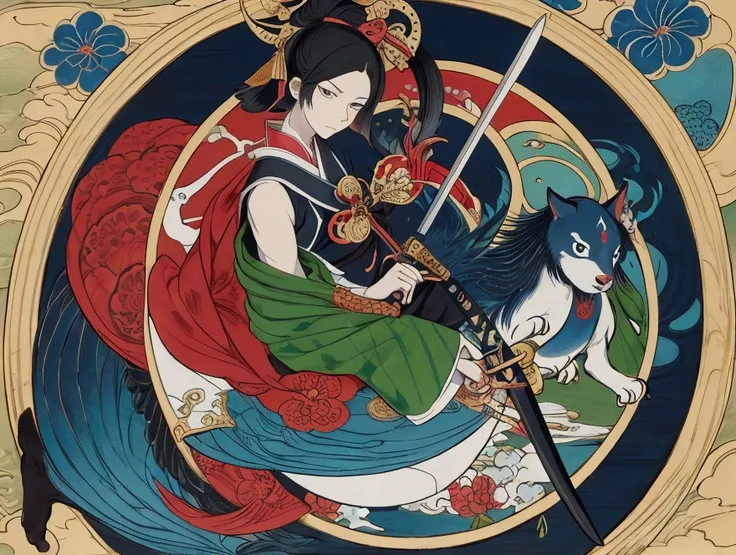 Close up of a painting of a man holding a sword, inspired by Utagawa Yoshitora,  Utagawa Kuniyoshi , Based on  , by Utagawa Kunimasa, There is a circular picture of animals and people in a , Written by Kano Tan&#39;yū, There is a circular picture of animal...