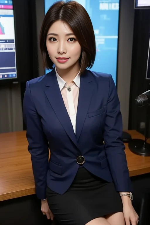  best image quality、 super A high resolution 、 1 girl、Beautiful appearance、 short hair while standing､announcer wearing a long sleeve tight business suit、Sitting in the studio、 newscaster 