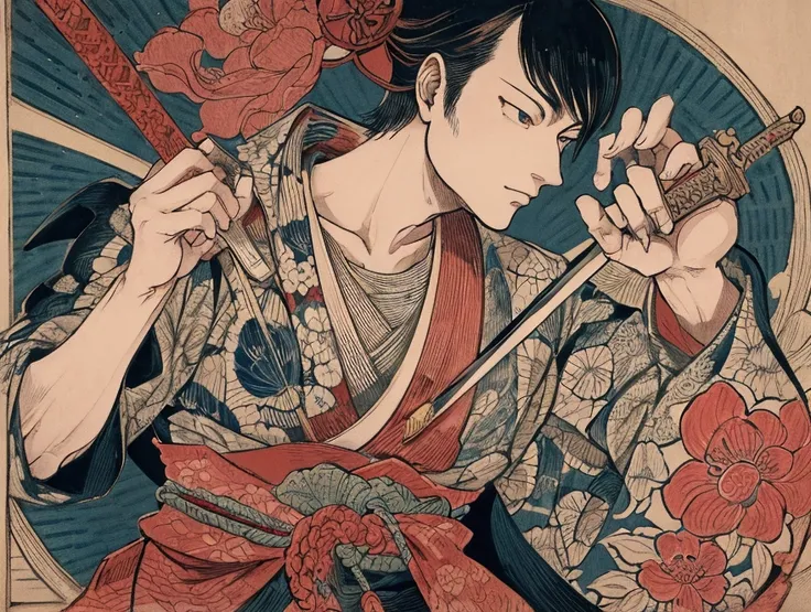 Close up of a painting of a man holding a sword,  woodblock print inspired by Utagawa Yoshitora ,  trending on pixiv , Ukiyo-e, Woodcut by -e , Kawanabe Kyosai,  Ukiyo-e, , Japanese woodblock style,  Ukiyo-e