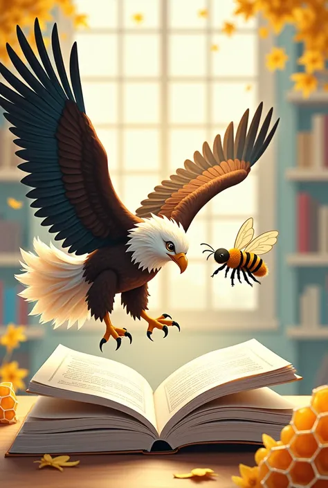 On the magazine cover:

Title: "Soaring and Buzzing with Knowledge"

Central Image: An eagle and a bee interacting around an open book

Top Motto: "ACS Leads the Way"

Bottom Motto: "We are proud to be one"

Background: Subtle library scene with honeycomb ...