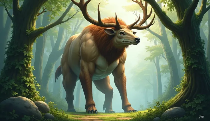 A cartoon magnificent stags head and half giant  body (hands and legs of human)like a mutants with big sparkling eyes and antlers reaching high into the air in the forest