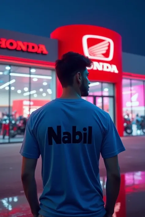 A 25 years boy  in a front of  honda bike showroom, a boy wear blue t shirt ,  NABIL  print on t shirt in big and cool font, one big HONDA Bike  logo on centre on building, showroom is bright with colourful neon light , Boy face of showroom side, building ...