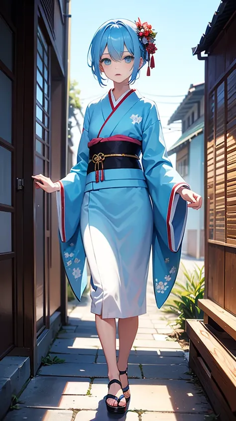 boy, full body, light blue hair, light blue eyes,looking at viewer,kimono