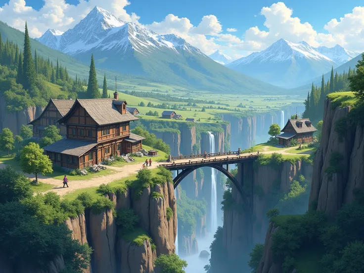  and a small village on the edge of the canyon ，There is a bridge in the middle of the canyon ， is full of mountains and trees，Snow-capped mountains in the distance