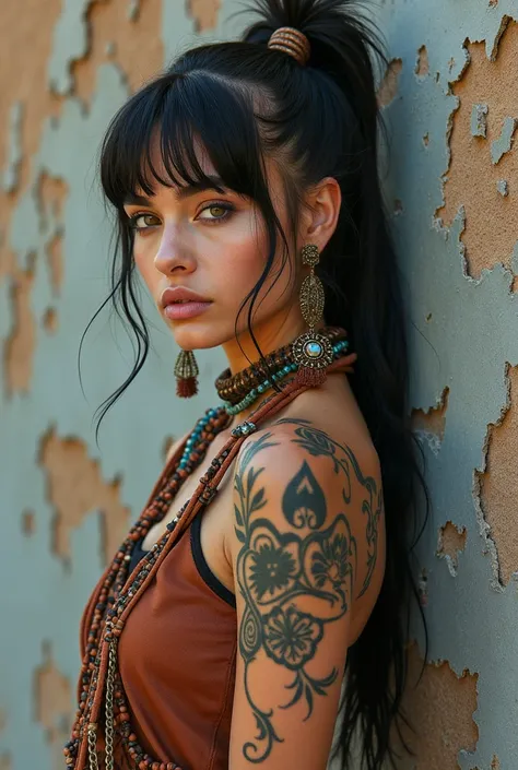 A beautiful woman, slender, tribal meets bohemian, tattoos, piercing, bohemian jewelry, modern, textured peeling wall in background, graphite, raw, gritty, dirty, mix of colors & materials, intricate, detailed, fashion photography