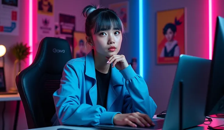 A 19-year-old girl sits at a modern computer desk, looking directly at the camera as if in conversation. He wears a stylish sky-blue jacket and has a cool fringe haircut in black-silver color against a black background. The gaming-themed backdrop features ...