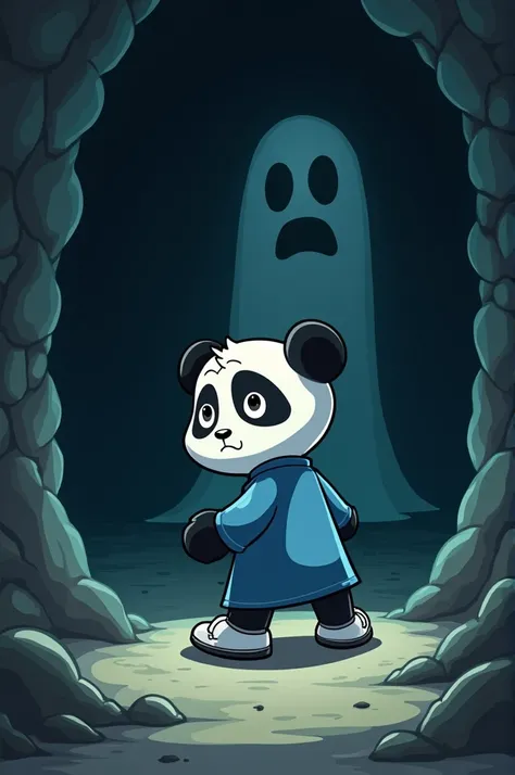 Mithu, the cartoon panda, turning around in fear as a shadowy figure looms behind him. The figure is vague but appears to be an old, friendly ghost. Mithus large expressive eyes widen in surprise, and his blue kurta and white sneakers contrast against the ...