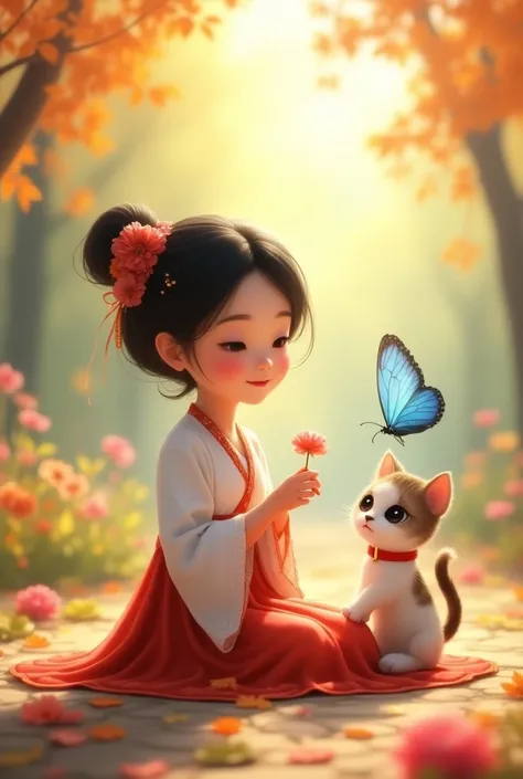 "A charming, soft-lit scene featuring a young girl dressed in traditional indonesian with pastel colors. She is sitting on the ground, smiling gently while holding a small flower, as a vibrant blue butterfly flutters nearby. Her hair is styled elegantly wi...