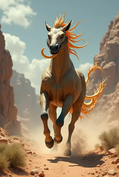 "A mythical creature with the head of a snake and the body of a horse. Its serpentine tongue flicks out as it gallops across a rocky desert landscape, its scales glinting under the harsh sun, and its hooves leaving traces of fire."