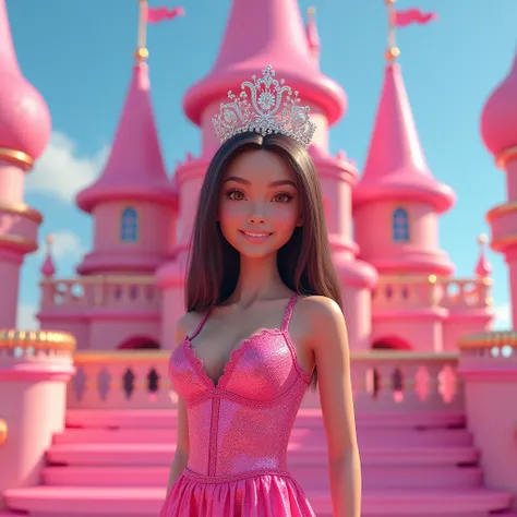 a cute slim 18 years  old Phillipines girl wearing sexy brabie dress and behind her pink barbie castle   on her head barbie crown  and on the front big bold name in barbie fonts with effects " Mikasa chan" looks like realistic 8k image 