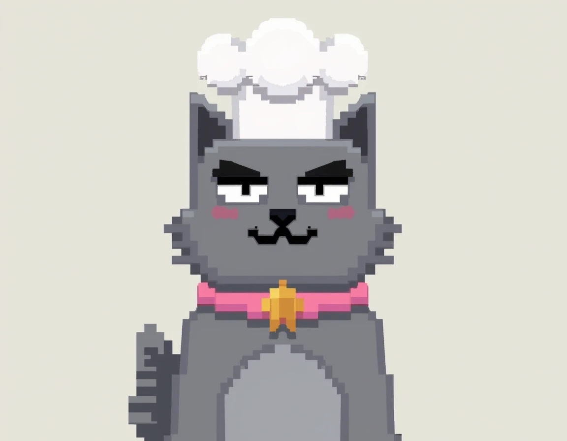 imagen estilo minecraft y 8 bits de una gata gris seria con collar rosa con sombrero de chef sin fondo