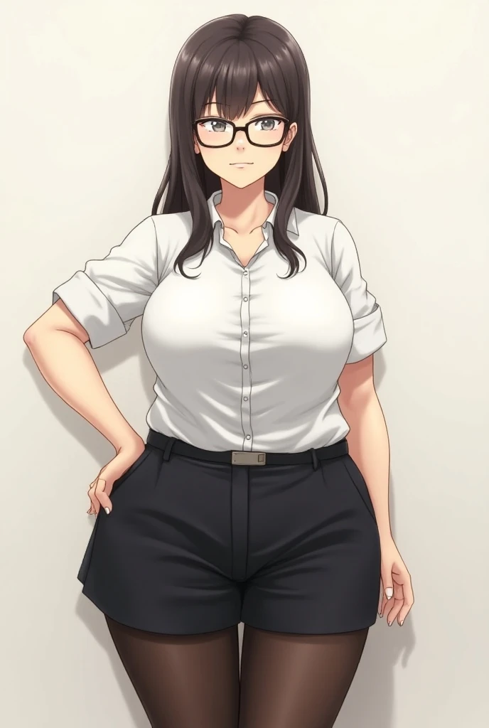 [female teacher, Mature Woman,  glasses with expressions of contempt and personality , Pale skin, long hair,  white domar shirt ,  short tube wide ,  black nylon stockings ,  thighs sticking out of the waist ,  shes a skinny but fat woman, Athletic ability...