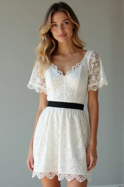 white lace dress with French sleeve ,  cinched around my waist with a black belt,  that reached the height of my knees .