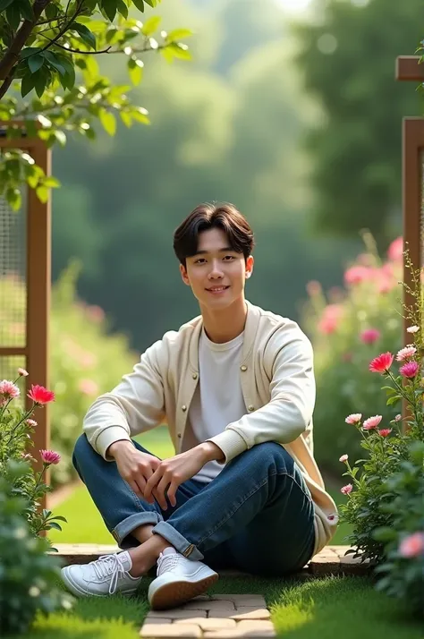  garden background  ,  handsome and beautiful Korean guy wearing casual Korean wearing sneaker is sitting looking at camera, Susana Asri  ,  beautiful fresh , relax, cozy