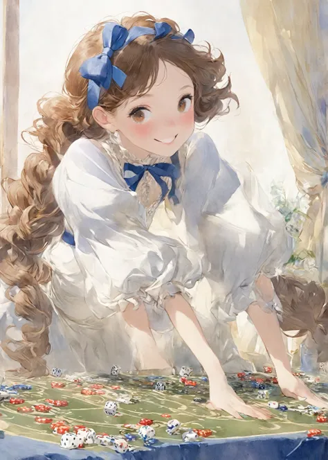 1girl, smile, little fat, brown eyes, forehead, black curly short hair, low twintails hair, indoor, one-piece-bloomer, ribbon, looking away, enjoy play the dices, through the dices to table, dice, dynamic female action pose, shy, Pierre Auguste Renoir: Imp...