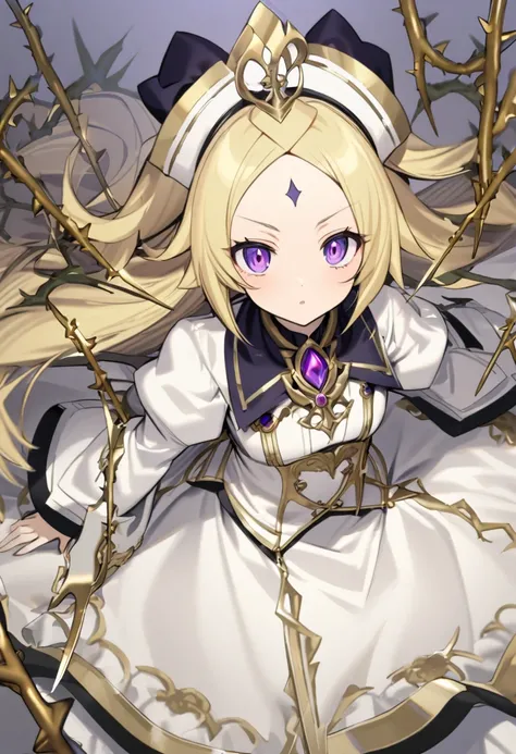 Girl, Lisette, light gold hair, bangs showing forehead, light skin, purple eyes, thorns, gold scissors, white 19th century durndl with black trims, purple gem brooch