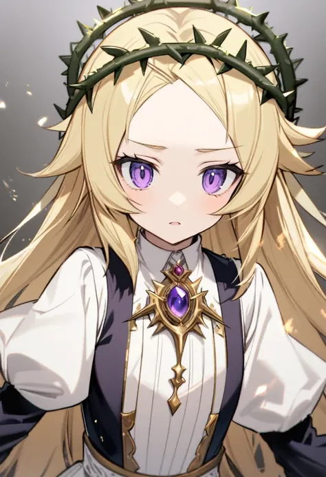 Girl, Lisette, light gold hair, wreath of thorns, bangs showing forehead, light skin, purple eyes, thorns, gold scissors, white 19th century durndl with black trims, purple gem brooch