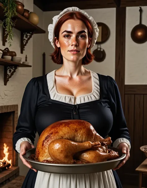 Photorealistic, cinematic style, a picture of a beautiful British woman in a puritan womans outfit. (a pilgrim woman outfit). She has black dress, white bonnet and white capelet, white apron. Shes in a rustic colonial-era kitchen. Copper pots on the wall, ...