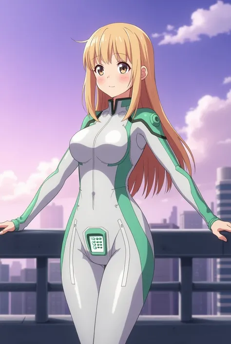 anime, female, young adult, in her early twenties, white form-fitting suit that covers the entire body except arms, futuristic, green lines, accentuated crotch, hourglass figure, sleeveless, Bare exposed arms, futuristic home, visible outlines of groin, lo...