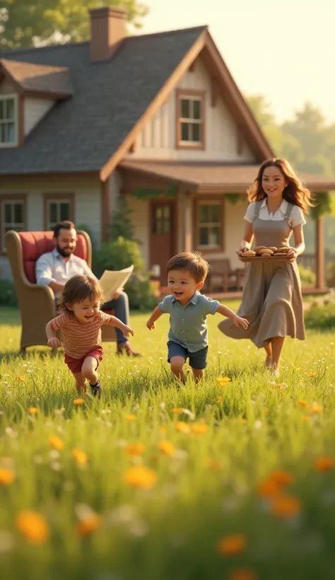 image portraying a happy family, with two s playing in the field and a father sitting on a chair reading a news paper and mother coming from the house with a tray of cookies(realistic bodies, realistic faces)