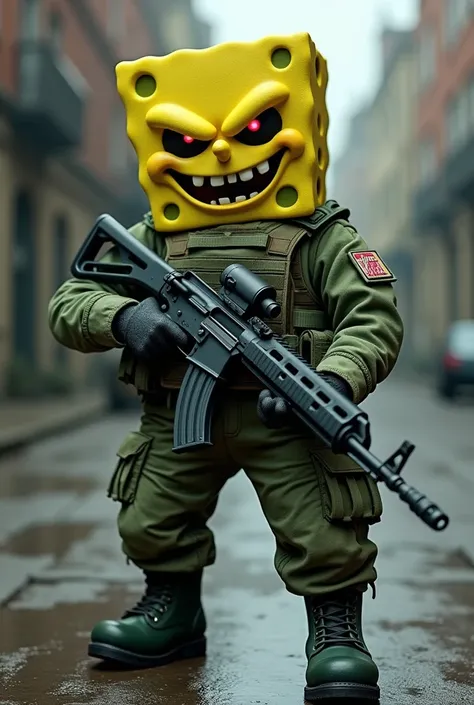 The evil Spongebob in the modern military uniform of the Russian armed forces and a Kalashnikov rifle in his hands