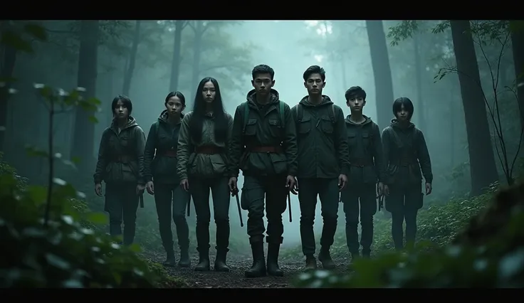 The background image is a forest or in the Dongphrai forest. The atmosphere is dark, gloomy and wangwen, and in front of the scene there is a group of eight good-looking people who wear forest clothes and stand in front of the board.  " There are 2 women, ...