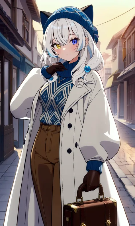 best quality , ultra detailed ,  highres icon ,anime style , from front , whole body , look at viewer ,One woman, ((long white hair)), (( heterochromia,yellow right eye,blue left eye)), cat ears, 1 girl, “An elegant character dressed for a winter evening. ...