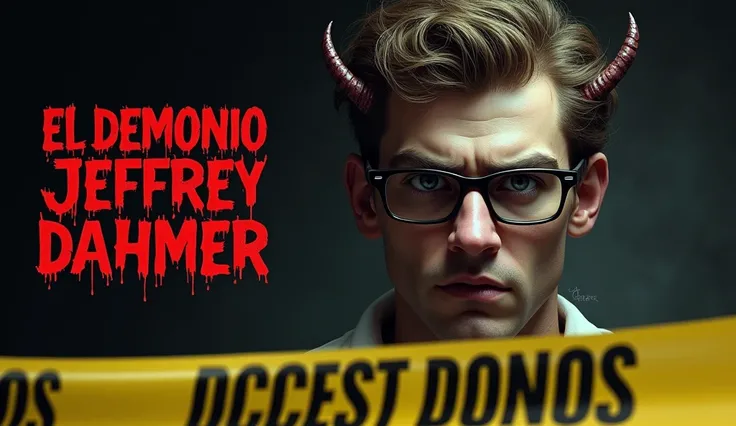 REALISTIC IMAGE of Jeffrey Dahmer when he was captured wearing glasses cruel look and disturbing two small demon horns in shadows with police tape
sign in yellow and SPANISH eye the miniature: “EL DEMONIO JEFFREY DAHMER” or just “EL CANIBAL MAS PERBERTIDO ...