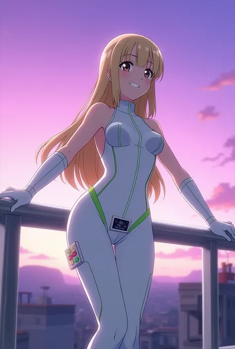 anime, female, young adult, in her early twenties, white form-fitting suit that covers the entire body except arms, futuristic, green lines, accentuated crotch, hourglass figure, sleeveless, Bare exposed arms, futuristic home, visible outlines of groin, lo...