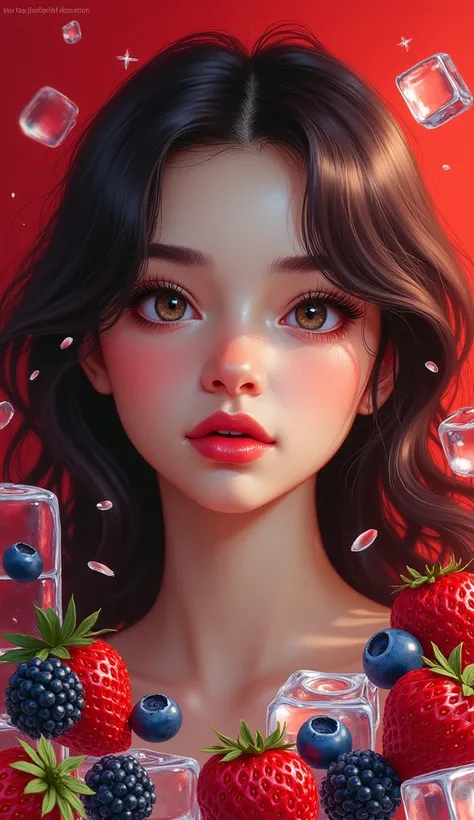 a cute girl, beautiful detailed eyes, beautiful detailed lips, extremely detailed eyes and face, long eyelashes, strawberry, blackberry, blueberry, raspberry, ice cubes, white text "Voltamos" written in Portuguese, red background, intricate details, photor...