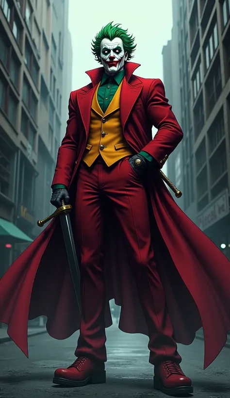 Against a dark, gritty cityscape, The Joker stands tall in a dramatic portrait shot. He wears a bold, crimson robe billowing behind him like a cape. His eyes gleam with mischief as he grasps a curved sword at his side. Muscular and imposing, this anime-ins...