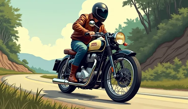 Draw illustration of a royal Enfield with a man riding it and he wore a full cover helmet and a brown leather jacket with a brown chelsea 