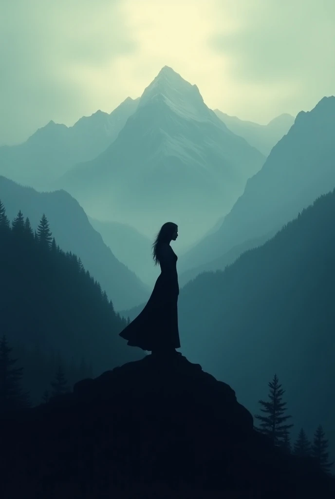 Create a movie poster Titled: For the one I dream.
Create a poster with a silhouette of a woman and a mountain view background, make the poster dark in tone.