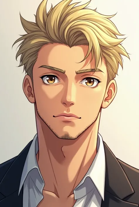 handsome anime man, with short blonde hair brushed back ,  with a little beard and light brown eyes