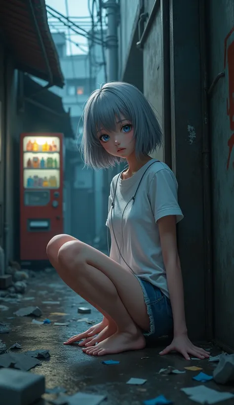 masterpiece, Best Quality,  high resolution on down,  very detailed,((( pretty girl with gray hair who has decided to pose))), ((( Japanese Anime ))), ((( short hair while standing))), ((( white t-shirt ))), ((( Miniskirt))), (((barefoot))), (((Dark Back A...