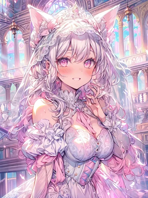 frontal shot, full-body illustration, (body facing viewer:1.5), portrait, 1girl, solo, in love, beautiful gorgeous captivating cute adorable princess, (white_cat_ears:1.5), looking at viewer, cute blush, (blushing:1.5), heavy blush, nose blush, (pink eyes:...