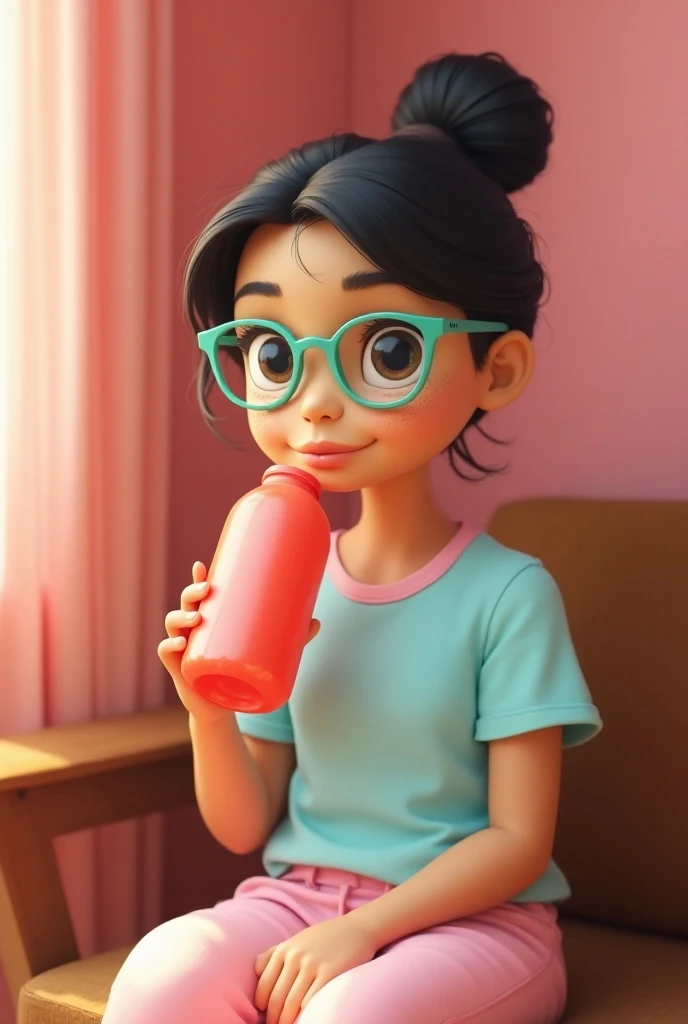 A 20 year old ,fair,with specks,average height, around 70 kg,indian girl drinking water from a red plastic bottle sitting on wooden sofa in a pink color room .the girl is indian and little bit heavy and have tied hair in bun.and wearing light blue t-shirt ...